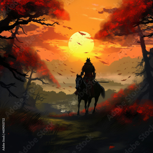 samurai riding a horse in sunset
