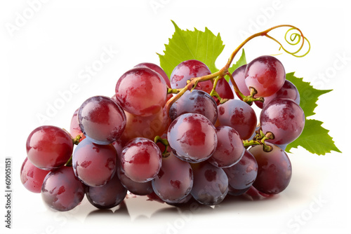 Ripe red grape with leaf isolated on white background