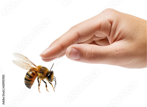 a honey bee touching and landing on a hand - love for bees and nature beekeeping concept