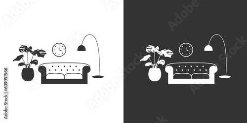 Living room with sofa, floor lamp and plants. Black and white icons on black and white background