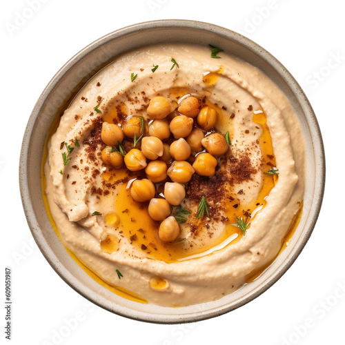 top view of a fresh bowl of handmade chickpea hummus dip on transparent background