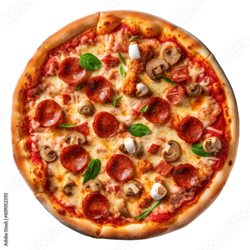 top view of a delicious Italian pizza on transparent background