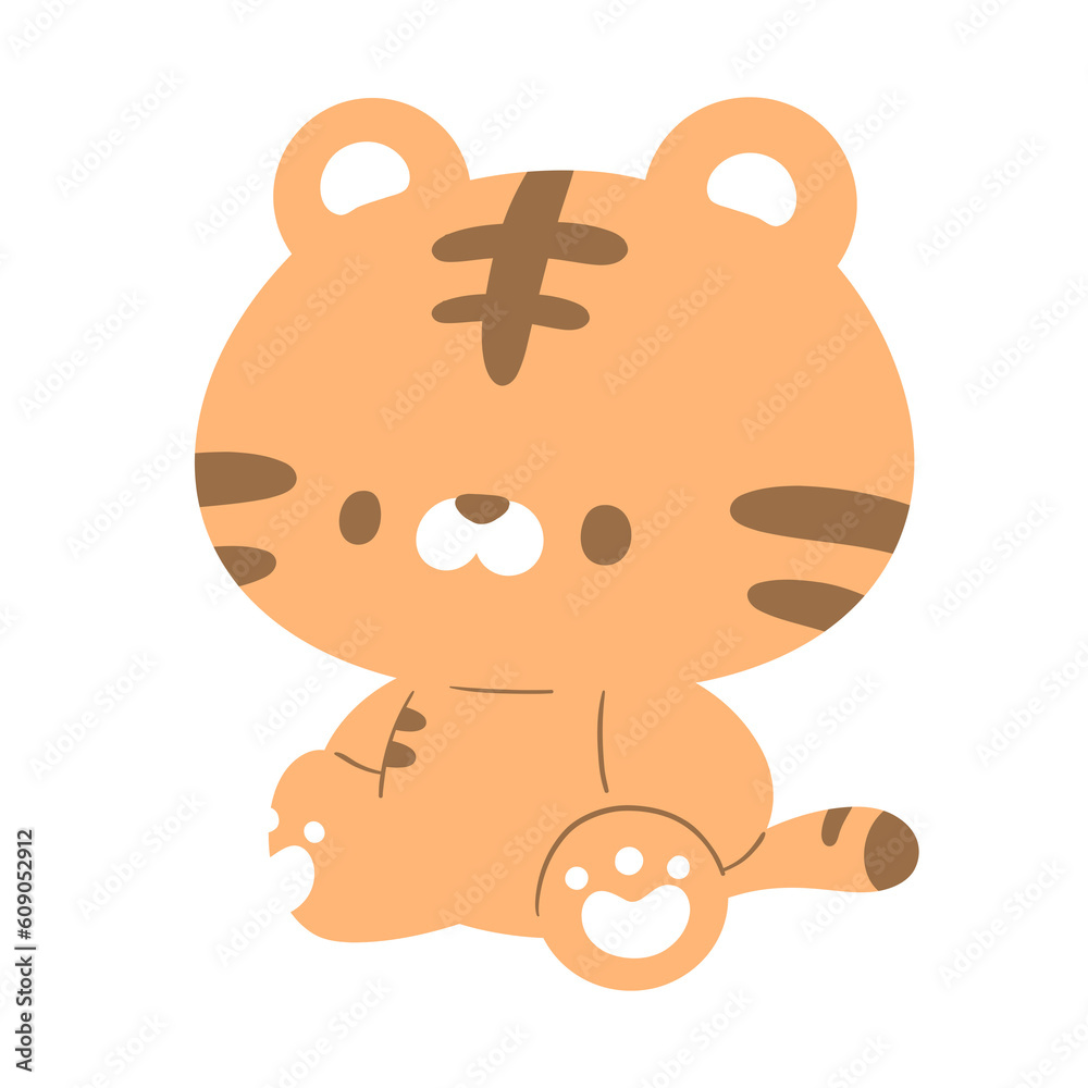 The cartoon orange tiger sits motionless, displaying a calm and composed posture The cartoon orange tiger sits motionless, displaying a calm and composed posture