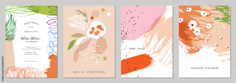 Fototapeta premium Art templates with abstract, grunge and floral elements. For poster, greeting and business card, invitation, flyer, banner, brochure, post in social networks, advertising, events and page cover.