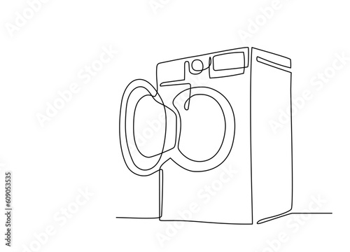 Washing machine with open front door in single continuous line art drawing style. One line drawing of home household appliance. Editable stroke contour of appliance. Doodle hand drawn vector Poster