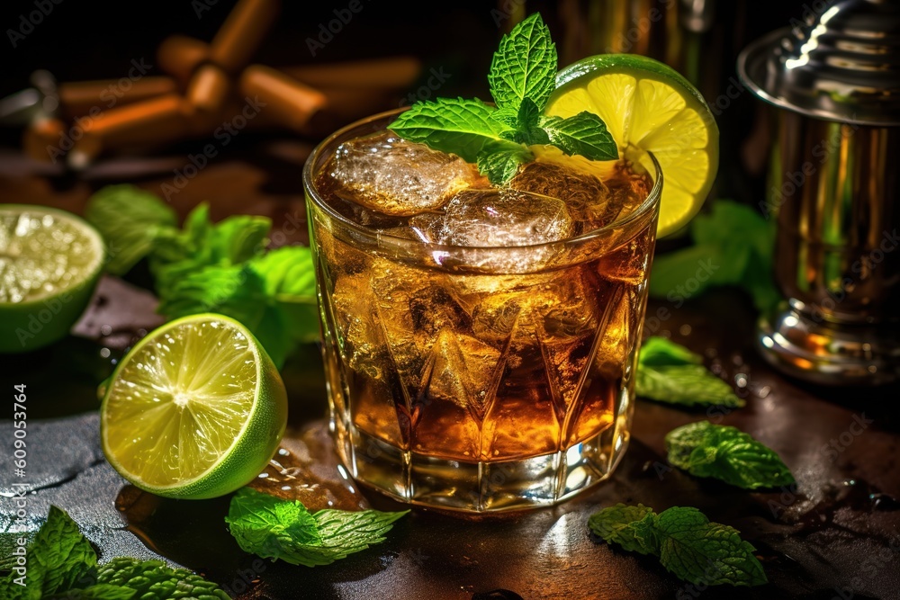 Cuba Libre with brown rum, cola, mint and lime generative ai Cuba Libre with brown rum, cola, mint and lime generative ai