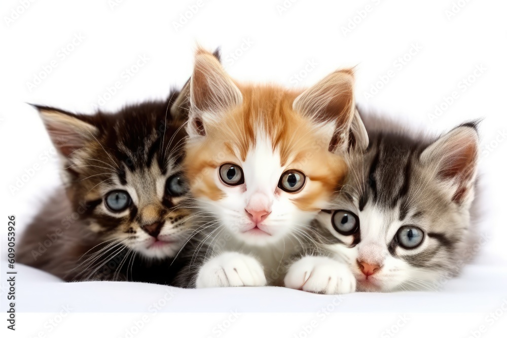 3 Cute cats isolated on white background. Generative Ai