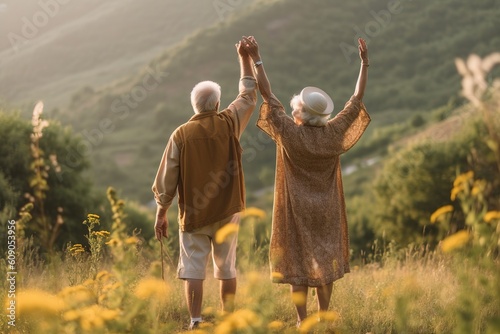 Happy old couple having fun together in nature generative ai