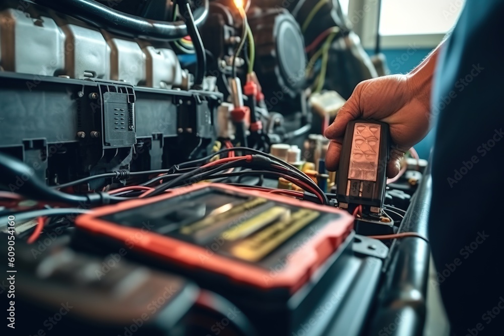 Obraz premium Technician Hands of car mechanic working repair in auto repair Service electric battery and Maintenance of car battery. Check the electrical system inside the car, generative ai