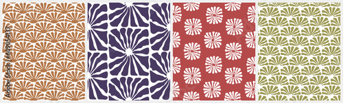 Groovy Retro 70s Style Floral Vector Seamless Patterns. Green, Blue, White and Gold Flowers on a White and RedBackground. RGB Colors. Vintage Hippie Repeatable Print with Flowers. Abstract Garden.