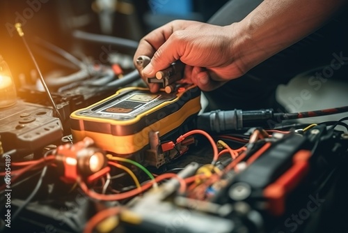 Technician Hands of car mechanic working repair in auto repair Service electric battery and Maintenance of car battery. Check the electrical system inside the car, generative ai