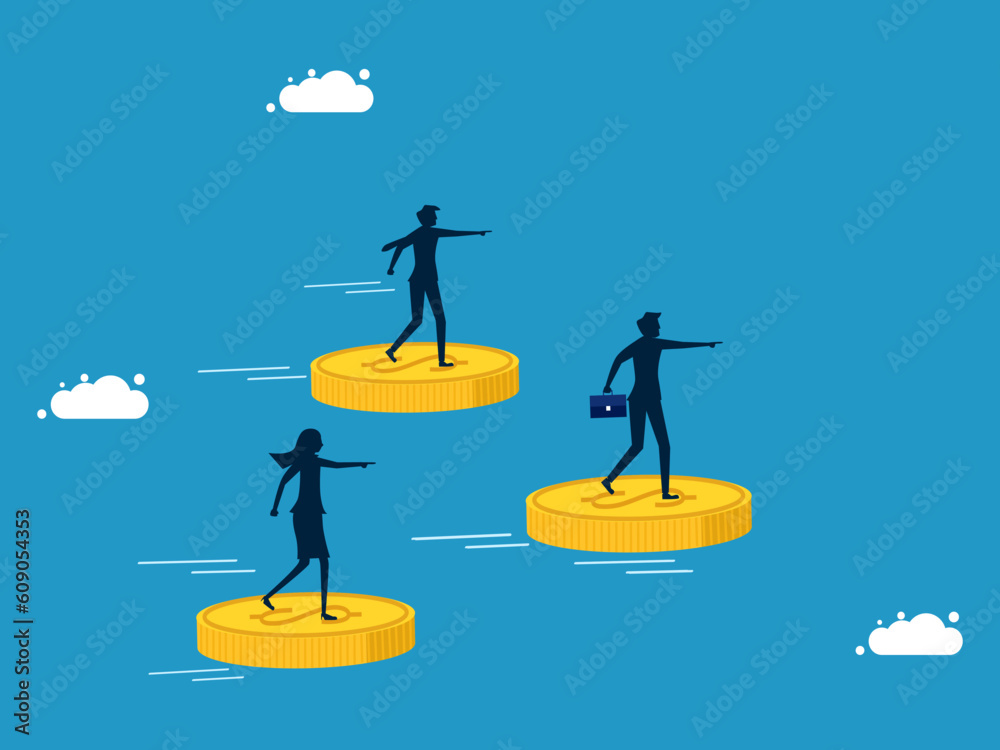 Compete in finance and investment. Businessmen racing standing on coins flying in the sky vector