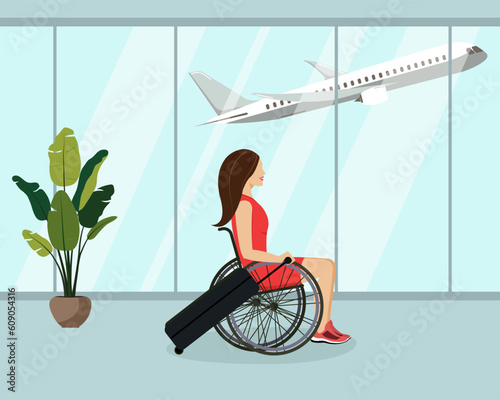 A girl in a wheelchair with a suitcase at the airport goes on a trip. Flat style.