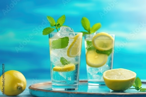 two glass with lemonade  with lemon and mint  cold refreshing drink   beverage with ice  generative ai