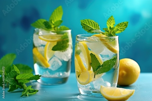 two glass with lemonade, with lemon and mint, cold refreshing drink , beverage with ice, generative ai