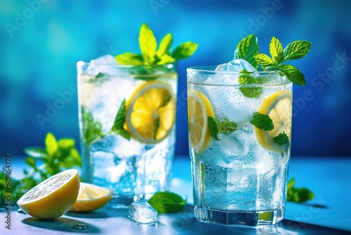 two glass with lemonade  with lemon and mint  cold refreshing drink   beverage with ice  generative ai