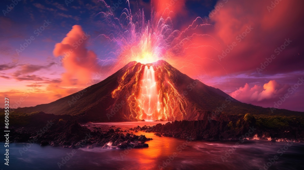 volcano outburst with colorful diamonds island. Generative AI
