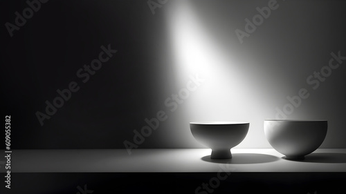 Creative minimal concept. Dark large table wall room with abstract bowl zen deco and natural shadow. Banner template for product presentation. Mock up living, office, gallery