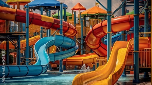 Water park, bright multi-colored slides with a pool. A water park without people on a summer day. Ai Generative