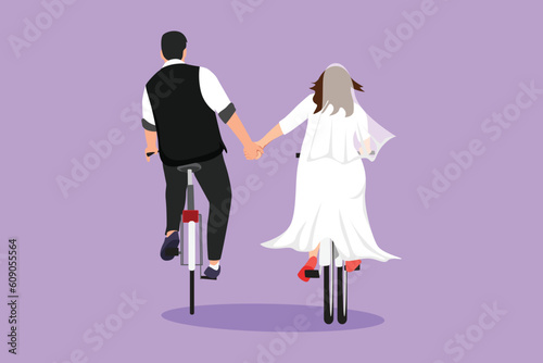 Character flat drawing happy romantic married couple ride bicycles back to camera and holding hands. Young handsome man and cute woman in love wearing wedding dress. Cartoon design vector illustration