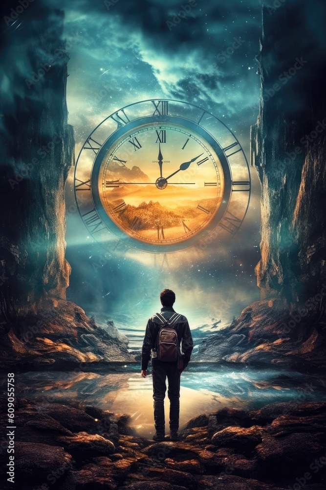 Man lost in the world in front of a giant clock the end of world