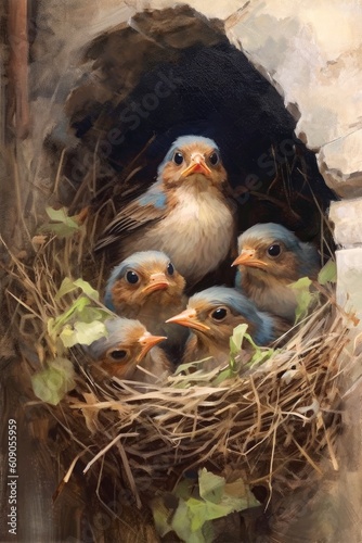 Painting of a cute nest with birds with the mother and four baby birds Generative AI Illustration