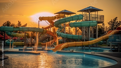 Water park, bright multi-colored slides with a pool. A water park without people on a summer day. Ai Generative