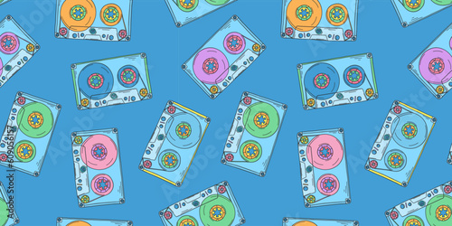 Audio cassette pattern. 2000s audio cassette. Y2k wallpaper. CD disk for boombox. Retro background. Nostalgia for the 90s and 2000s.