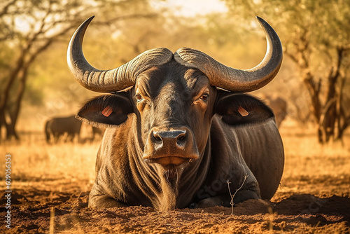 Close up monochrome portrait of cape buffalo head and horn. Generative AI