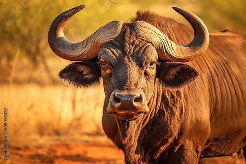 Close up monochrome portrait of cape buffalo head and horn. Generative AI