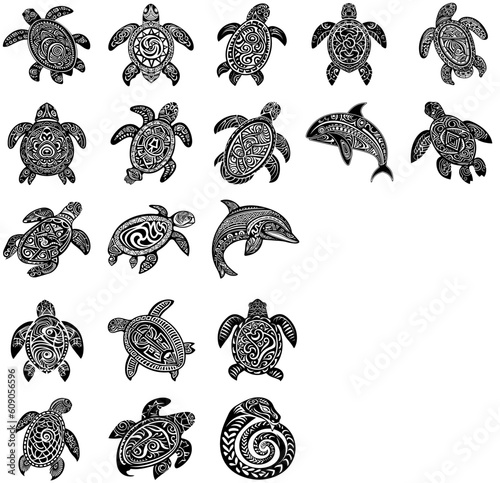 set of Polynesian elements, icon, glyph, vector, isolate, silhouette, totem, tattoo