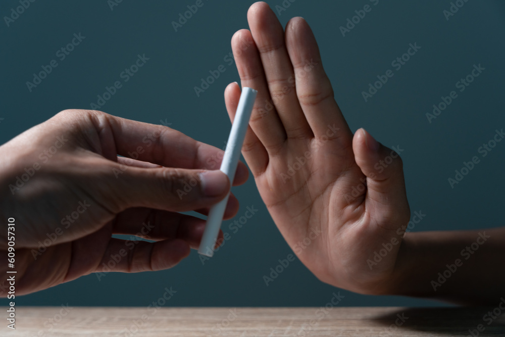 No smoking. Man stop smoke, refuse, reject, break take cigarette, say