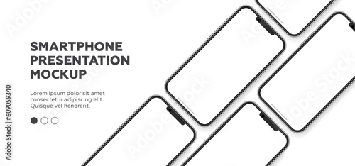 3D realistic high quality smartphone mockup with isolated background. Smart phone mockup collection. Device front view. 3D mobile phone with shadow on white background.