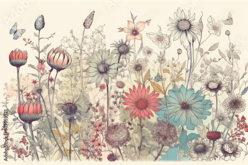 Obraz Akwarela, wzór z kwiatami, tło kwiatowe, wygenerowano AI