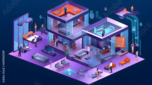 Isometric view of a building. An AI-powered system managing and optimizing hotel operations. Generative AI photo
