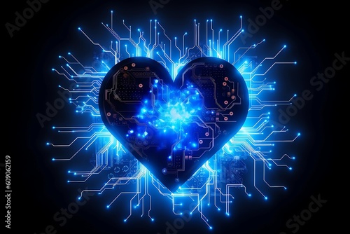 Digital Love Sparks: A Glowing Heart of Technology and Lightning. AI Generated.