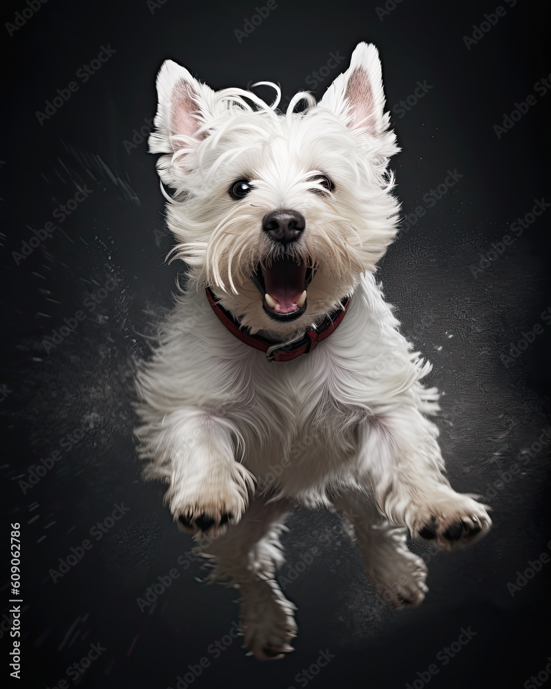 lindo perrito blanco, ,westin highland terrier, saltando sobre fondo negro. Ilustracion de IA generativa lindo perrito blanco, ,westin highland terrier, saltando sobre fondo negro. Ilustracion de IA generativa