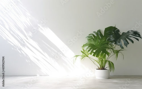 Tropical Leaves Casting Shadow on a White Wall. Created with Generative AI Technology