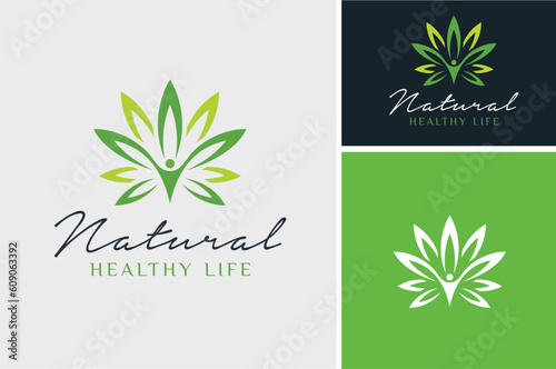 Healthy People with Fresh Leaf, Human Health Life with Natural Organic Nutrition logo design