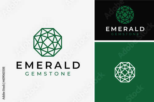 Beauty Octagon Emerald Gemstone Diamond Jewel with simple line style for Jewelry Crystal logo design