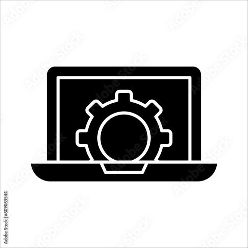 Laptop and gears icon with update screen. Update process, install new software, operating system, update support, vector illustration on white background