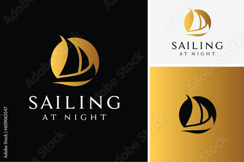 Silhouette Sailboat Ship Moon of Night Sailing Fishing Boat at sea ocean for Travel or Sailor logo design 