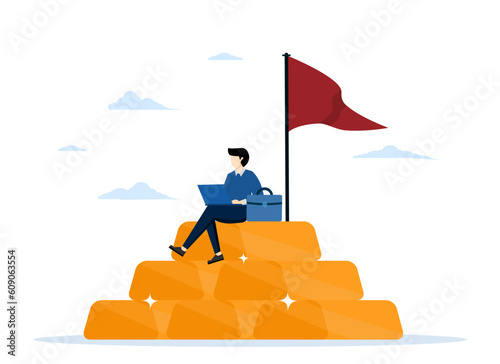 Gold investment, successful businessman wealth manager, safe haven in financial crisis, wealth management and asset allocation concept, wealthy trader or investor sitting on pile of gold bullion bars.