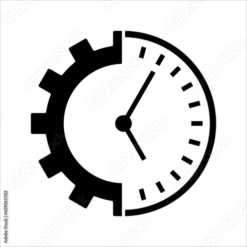 Gear with time icon. time management icon. Cogwheel clock dial, development process logo, vector illustration on white background