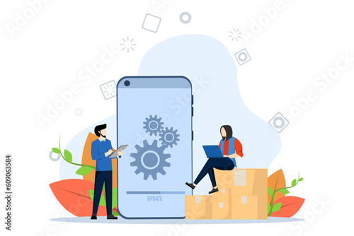 System Update Concept, Show people update operating system, configuration system. Perfect for landing page, ui, web, app intro card, editorial, flyer and banner, Vector Illustration.