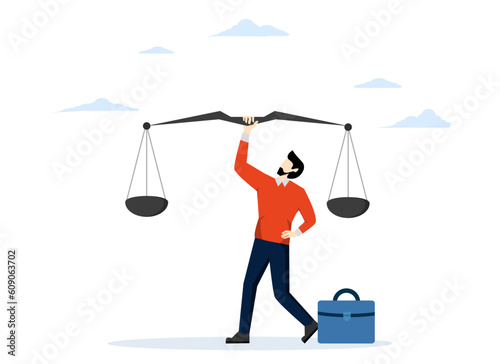 Principles and business ethics to do the right thing, balance and fairness for leadership, social responsibility or integrity to earn trust, confident leader holding balance ethics scale.