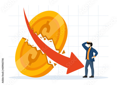 Money Inflation. Business profits are too low. Financial and economic crisis. Profit and Loss of Inflation. Large dollar coins shattered and fell in value. flat vector illustration on white background