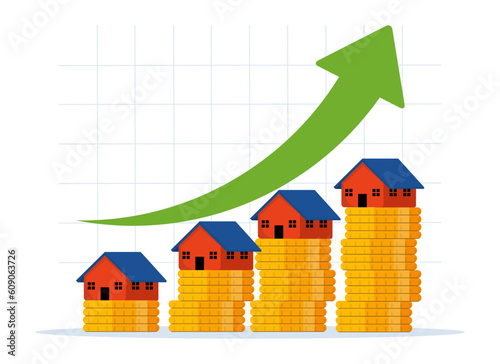 Home real estate prices are increasing. invest in buildings and homes. House price rising arrow diagram. House building on pile of dollar coins and deep arrow. flat illustration on white background.