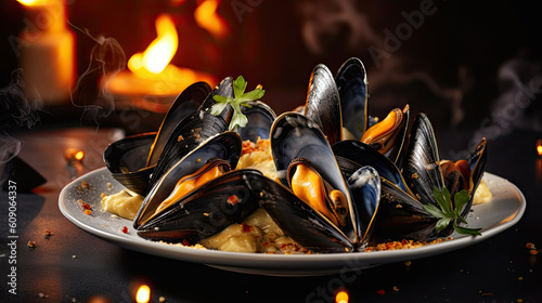 Fresh mussels in a pan, with parsley and lemon Generative AI