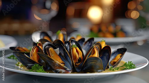 Fresh mussels in a pan, with parsley and lemon Generative AI photo